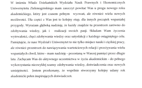 List powitalny dziekana Wydziału Nauk Prawnych i Ekonomicznych UZ do Studentów Wydziału.